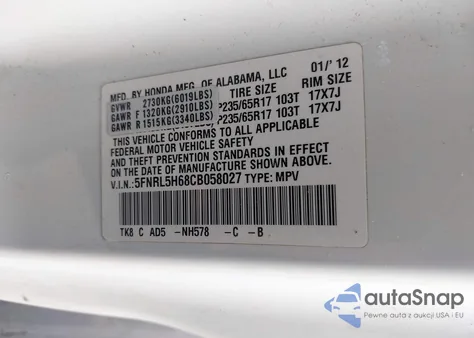 2012 Honda Odyssey Ex-L z USA, uszkodzony, nr VIN 5FNRL5H68CB058027